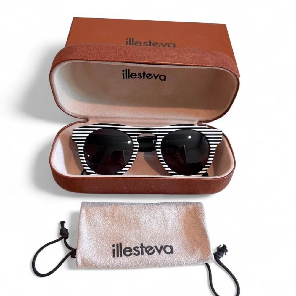 Illesteva Striped Round Sunglasses with Red Interior